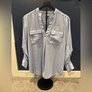 A New Day Blue and White Relaxed Mandarin Collar Blouse